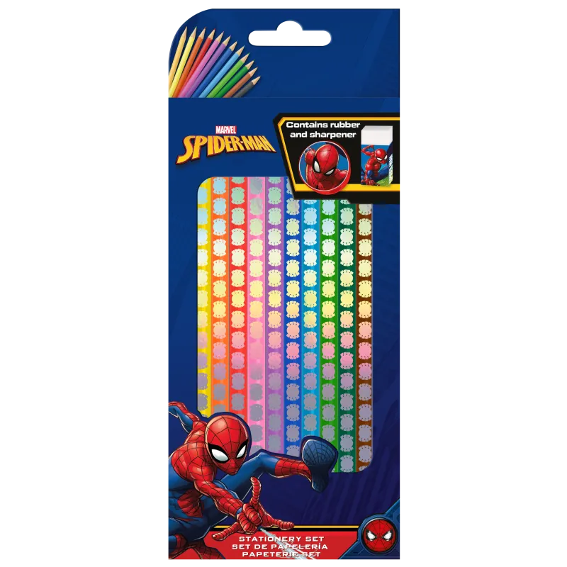 KREDKI OŁÓWKOWE SPIDERMAN 12 KOLORÓW Z GUMKĄ I TEMPERÓWKĄ