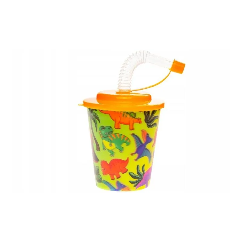 DZIECIĘCY KUBEK PLASTIKOWY Z RURKĄ I WIECZKIEM DINOZAURY 3D 250 ML