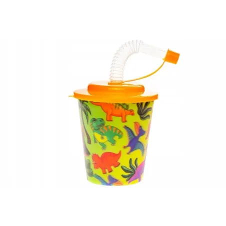 DZIECIĘCY KUBEK PLASTIKOWY Z RURKĄ I WIECZKIEM DINOZAURY 3D 250 ML