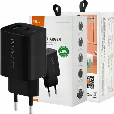VIDVIE PLE248 SZYBKA ŁADOWARKA SIECIOWA USB A + TYPE-C POWER DELIVERY 20W