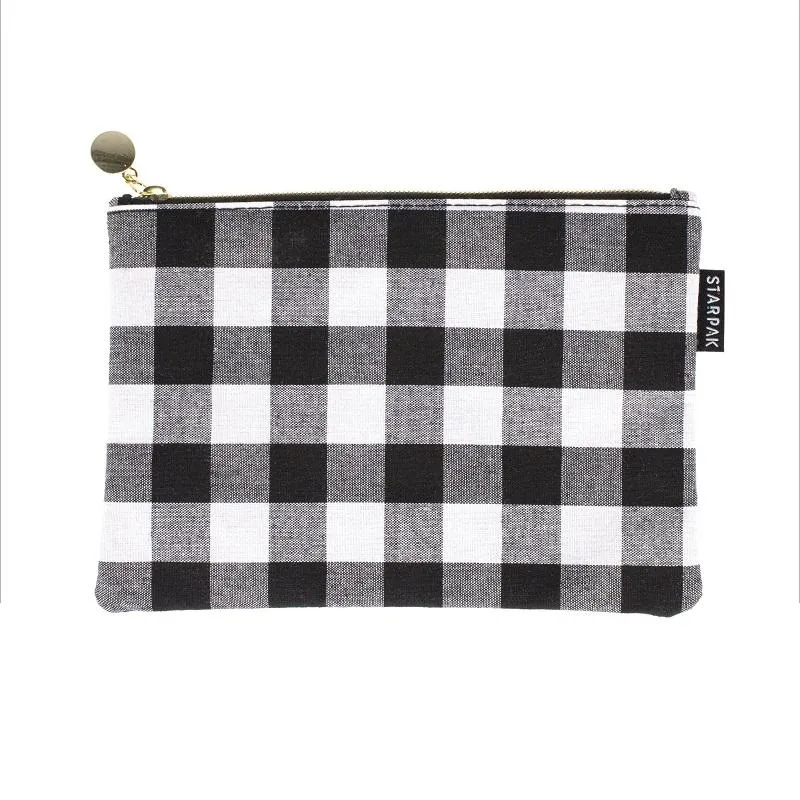 SASZETKA NA PRZYBORY SZKOLNE Z ZAMKIEM BŁYSKAWICZNYM BIAŁO CZARNA KRATKA