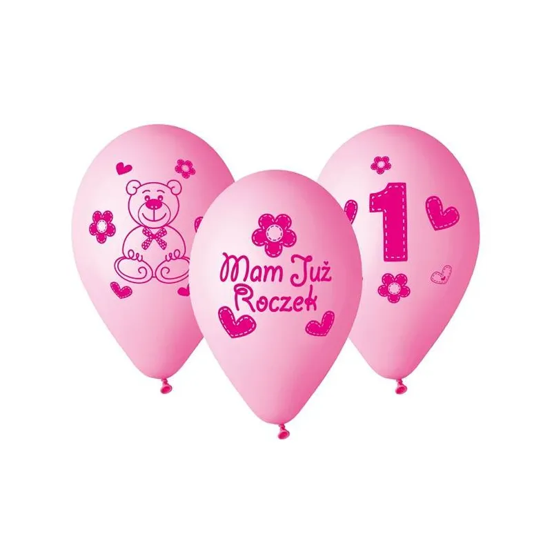 BALONY NA PIERWSZE URODZINY RÓŻOWE ZESTAW 5 SZTUK