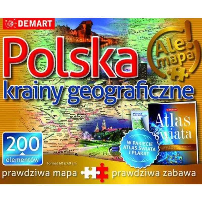POLSKA - KRAINY GEOGRAFICZNE. PUZZLE 200 ELEMENTÓW + ATLAS I PLAKAT - Demart