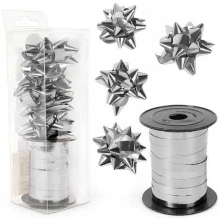 Zestaw Do Pakowania Prezentów 1 Wstążka 15 M + 4 Kokardki Srebrny