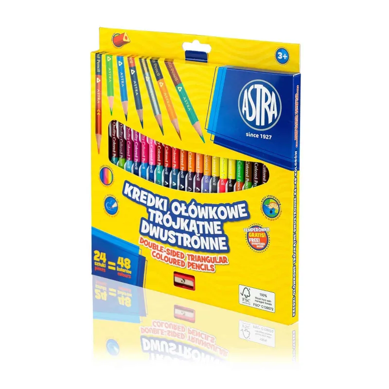 KREDKI OŁÓWKOWE DWUSTRONNE TRÓJKĄTNE 24 SZTUKI 48 KOLORÓW + TEMPERÓWKA ASTRA