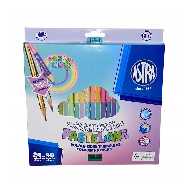 KREDKI OŁÓWKOWE PASTELOWE DWUSTRONNE TRÓJKĄTNE 48 KOLORÓW + TEMPERÓWKA ASTRA