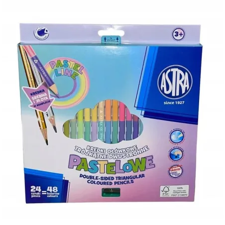 Kredki Ołówkowe Pastelowe Dwustronne Trójkątne 48 Kolorów + Temperówka Astra