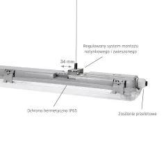 OPRAWA OŚWIETLENIOWA HERMETYCZNA LIMEA LED TUBE SLIM G13 2X120 IP65 SZARA