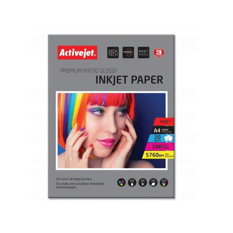 PAPIER FOTOGRAFICZNY BŁYSZCZĄCY A4 20 ARKUSZY  ACTIVEJET AP4-180G20