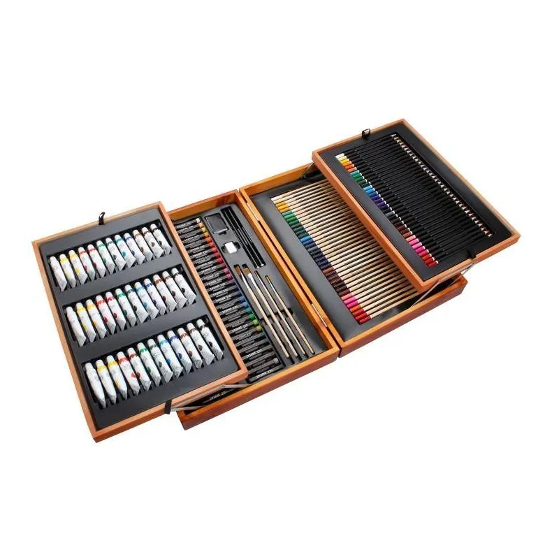 ZESTAW ARTYSTYCZNY W DREWNIANEJ WALIZCE 168 ELEMENTÓW