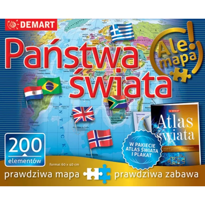 PAŃSTWA ŚWIATA. PUZZLE 200 ELEMENTÓW + ATLAS I PLAKAT - Demart