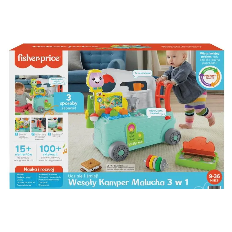 FISHER-PRICE UCZ SIĘ I ŚMIEJ WESOŁY KAMPER MALUCHA 3 POZIOMY NAUKI 9-36 MIESIĘCY