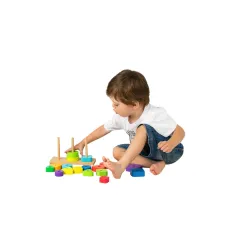 TĘCZOWE PIRAMIDY DREWNIANY SORTER KSZTAŁTÓW 18 ELEMENTÓW SMILY PLAY 18M+