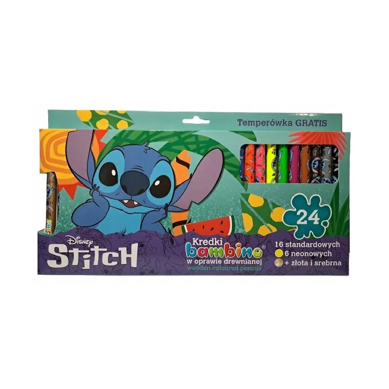KREDKI DREWNIANE GRUBE 24 KOLORY + TEMPERÓWKA DISNEY STITCH