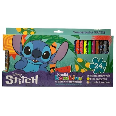 Kredki Drewniane Grube 24 Kolory + Temperówka Disney Stitch