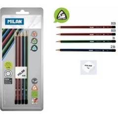 ZESTAW OŁÓWKÓW TRÓJKĄTNYCH HB 4SZT MILAN + GUMKA