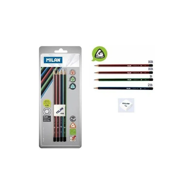 ZESTAW OŁÓWKÓW TRÓJKĄTNYCH HB 4SZT MILAN + GUMKA