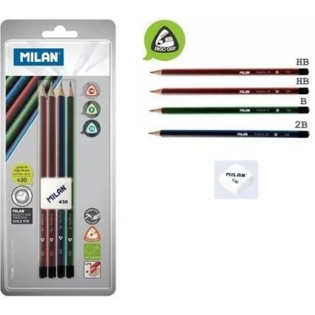 Zestaw Ołówków Trójkątnych Hb 4Szt Milan + Gumka