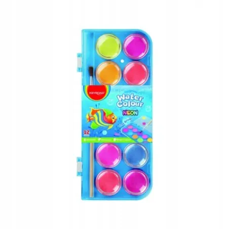 FARBY AKWARELOWE SZKOLNE KEYROAD 12 KOLORÓW NEONOWYCH Z PĘDZELKIEM