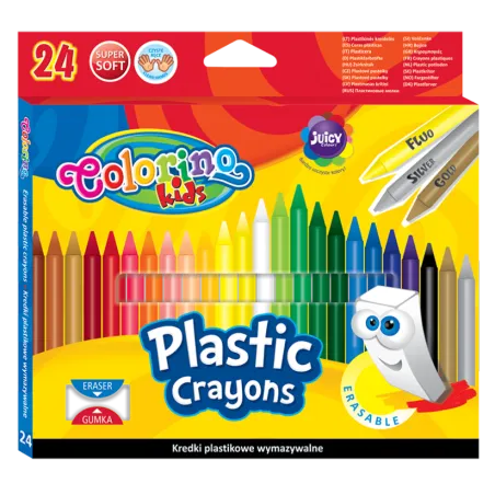 WYMAZYWALNE KREDKI ŚWIECOWE OKRĄGŁE PLASTIKOWE Z GUMKĄ 24 KOLORY COLORINO KIDS - Patio