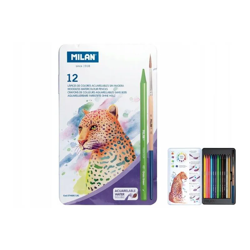 ZESTAW KREDEK AKWARELOWYCH 12 KOLORÓW BEZDRZEWNYCH Z PĘDZELKIEM MILAN