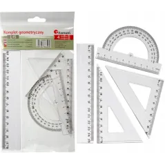 ZESTAW PRZYBORÓW GEOMETRYCZNYCH LINIJKA 15CM + KĄTOMIERZ + 2 EKIERKI