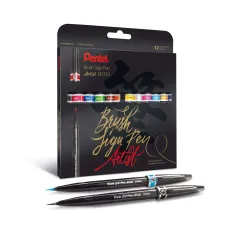 ZESTAW PRECYZYJNYCH PĘDZELKÓW DO KALIGRAFII I LITERNICTWA 12 KOLORÓW PENTEL