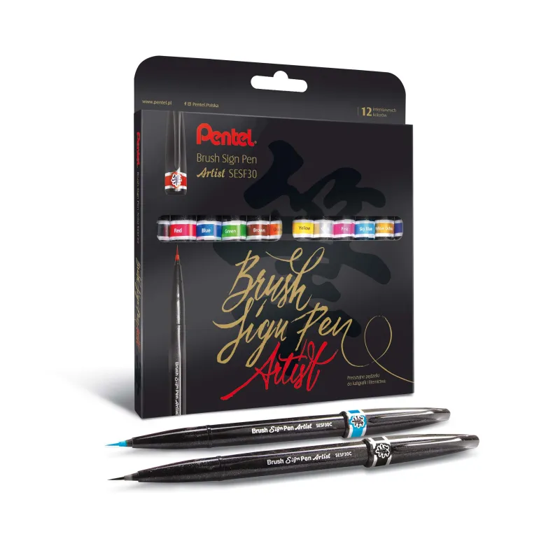 ZESTAW PRECYZYJNYCH PĘDZELKÓW DO KALIGRAFII I LITERNICTWA 12 KOLORÓW PENTEL