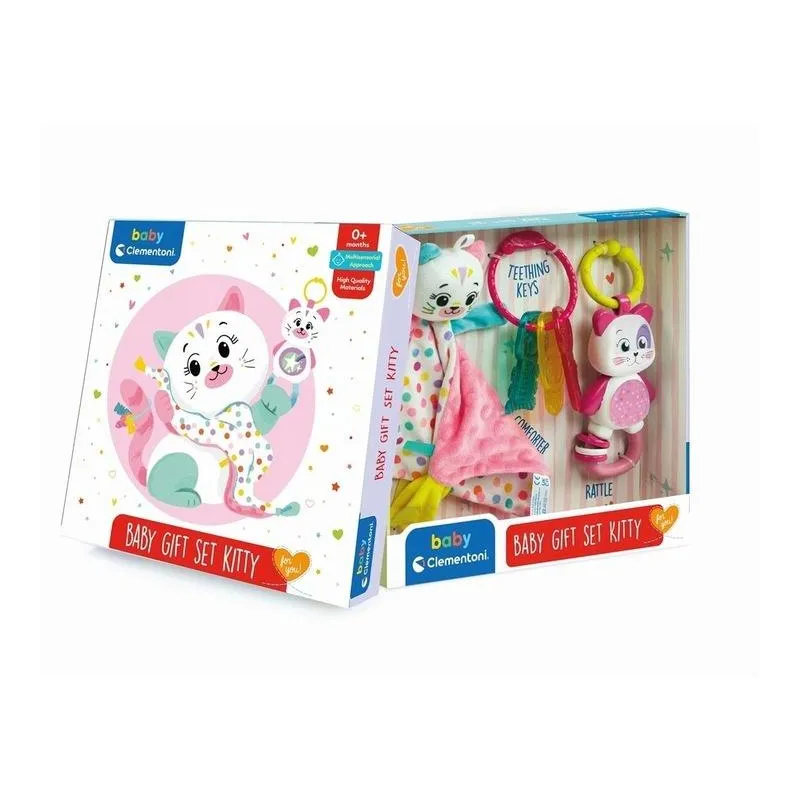 ZESTAW PREZENTOWY DLA NIEMOWLĄT SŁODKA KICIA PRZYTULANKA GRZECHOTKA GRYZAK 0M+