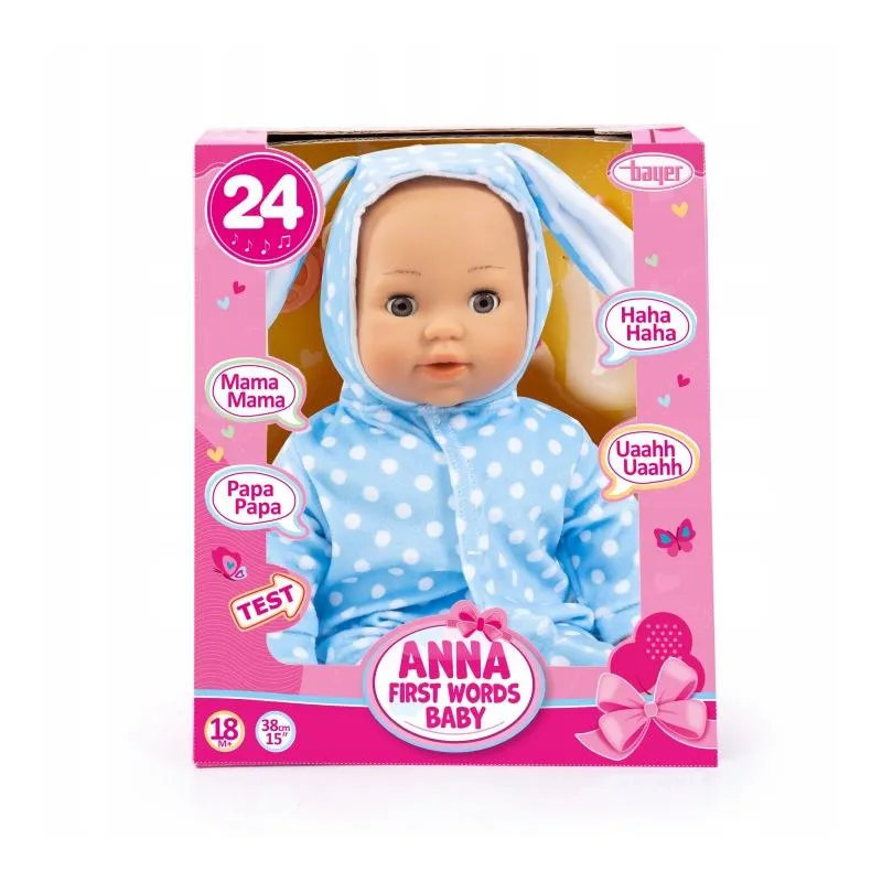 INTERAKTYWNA LALKA BOBAS ANNA FIRST WORDS BABY BAYER 24 EFEKTY DŹWIĘKOWE 38 CM