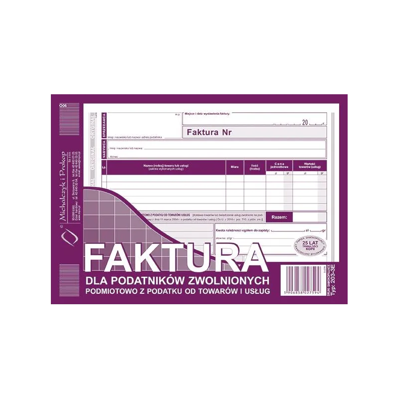 FAKTURA DLA ZWOLNIONYCH PODMIOTOWO Z PODATKU A5