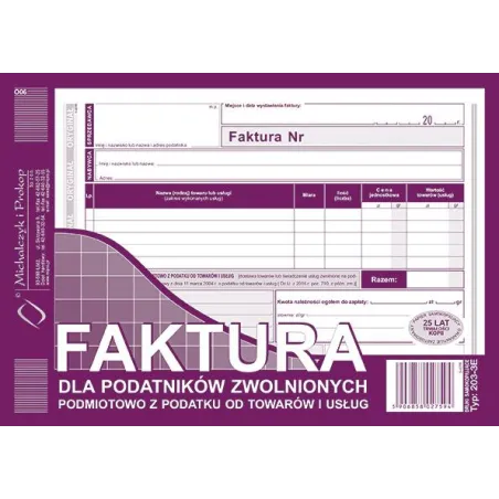 Faktura Dla Zwolnionych Podmiotowo Z Podatku A5