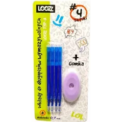 WKŁADY DO DŁUGOPISÓW WYMAZYWALNYCH NIEBIESKIE LOOZZ 4 SZTUKI + GUMKA