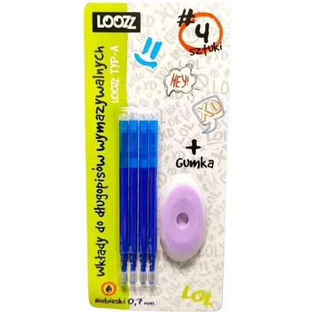 WKŁADY DO DŁUGOPISÓW WYMAZYWALNYCH NIEBIESKIE LOOZZ 4 SZTUKI + GUMKA