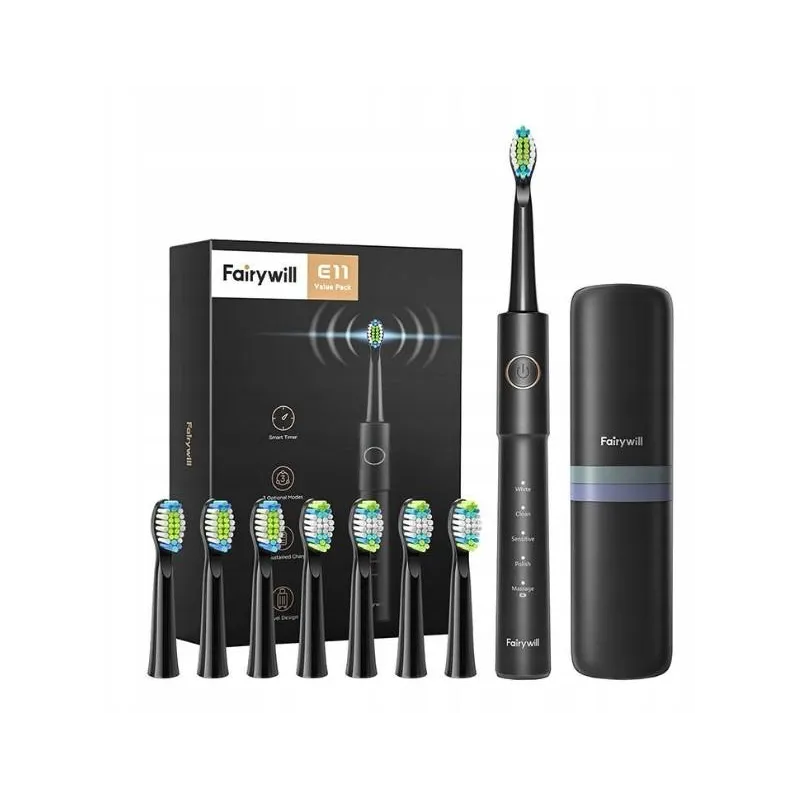 SZCZOTECZKA SONICZNA FAIRYWILL FW-E11 CZARNA Z 8 KOŃCÓWKAMI I ETUI