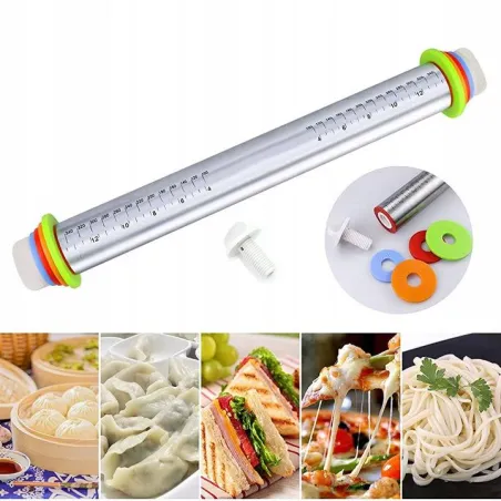 Regulowany Wałek Do Ciasta Stalowy 43 Cm Z Pierścieniami 4 Grubości