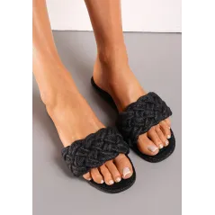 CZARNE KLAPKI Z PLECIONYM PASKIEM I KWADRATOWYM NOSKIEM ROZMIAR 39