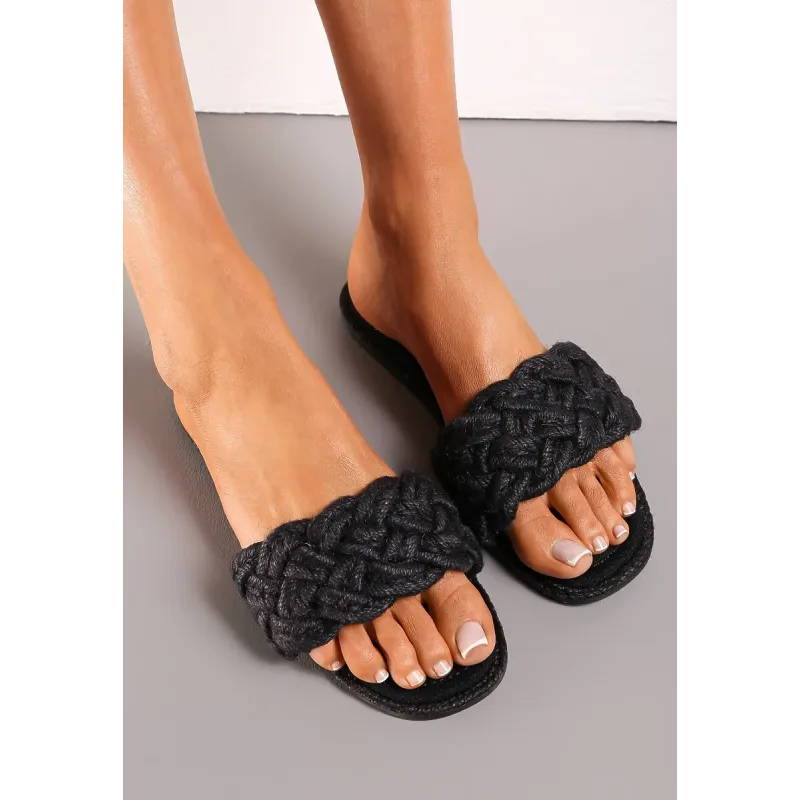 CZARNE KLAPKI Z PLECIONYM PASKIEM I KWADRATOWYM NOSKIEM ROZMIAR 39