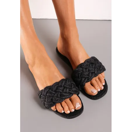 Czarne Klapki Z Plecionym Paskiem I Kwadratowym Noskiem Rozmiar 39